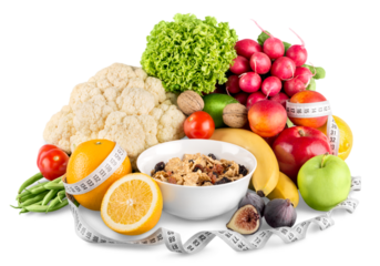 Diet weight loss breakfast concept with tape measure, fruit and cereal