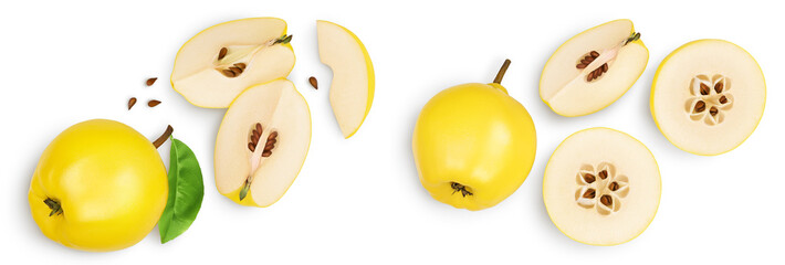 Fresh quince with slices isolated on the white background with full depth of field. Top view. Flat lay