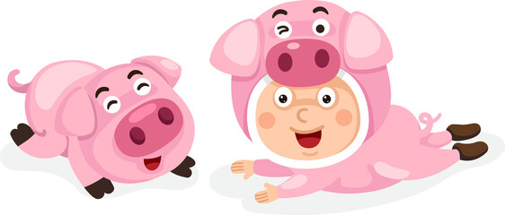 boy wearing pig costume and cute pig