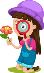 illustration of kid looking through magnifying glasses at flower