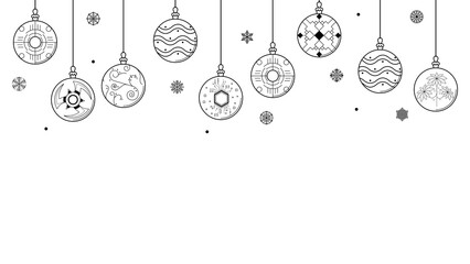 Black Doodle Outline Simple Line Abstract Maerry Christmas Xmas Balls With Snowflakes Holiday Decorations Happy New Year Background Vector Design Style