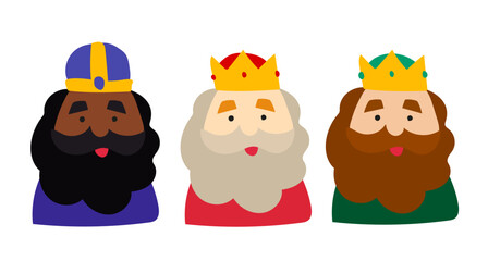 Three magic kings, three wise men, who bring gifts to Jesus. Gaspar, Baltasar y Melchor.    Christian festival of Epiphany, three kings from the east. Iconos simples vector.