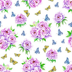 Seamless pattern with peony flowers and butterflies. Vintage wallpaper with flowers in purple colors.