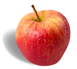 Wet red apple on white background
