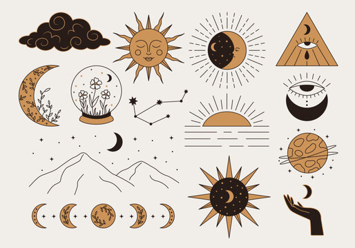 Vector set of celestial elements in black and gold colors. Mystic sun, moon, eye, hand, cloud symbols in line art style. Vintage boho illustrations. Mininalist alchemy tattoo art