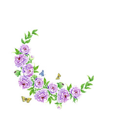 A round frame decorated with watercolor peonies and butterflies. Festive composition for a greeting card or your design.