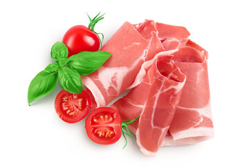 Italian prosciutto crudo or spanish jamon. Raw ham isolated on white background with full depth of field. Top view. Flat lay