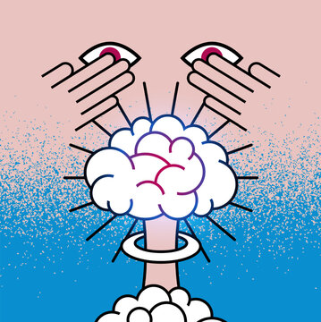 Nuclear mushroom explosion brain cartoon style design. No war peace splash grunge style poster. Vector illustration.