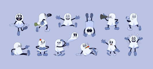 Big set of ghosts in retro comic cartoon stule. Cute comic gloved hands characters in Contemporary style. Doodle comic characters for autumn holiday of the halloween.