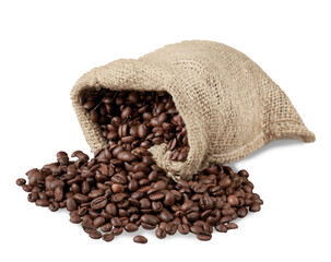 Coffee beans spilling from sack on white background