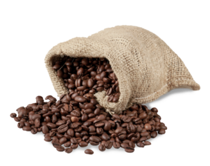 Coffee beans spilling from sack on white background