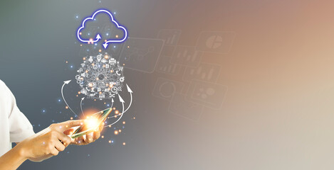 Concept of business men using cloud computing online, convenient, economical, energy-saving and...