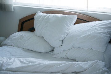 messy bed in early morning , messy bed after waking up 