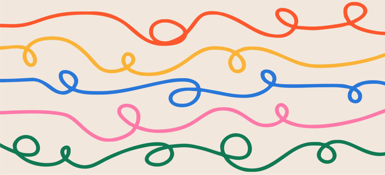 Colorful threads on a light background. Hand drawn doodles. Modern fashion illustration. Flat design, cartoon drawing, vector.