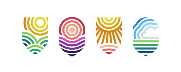 Line nature logo. Geometric landscape agriculture logotype, minimalist abstract eco corporate brand identity. Vector set