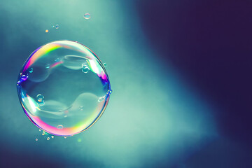3D rendering of a soap bubble in front of a green elegant background, post-modern minimalist atmosphere. High-tech, surreal feel. Can be used for banners, wallpapers, posters, invitations, and cards.