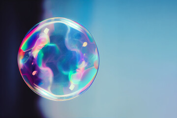 3D rendering of a soap bubble in front of a blue elegant background, post-modern minimalist atmosphere. High-tech, surreal feel. Can be used for banners, wallpapers, posters, invitations, and cards.
