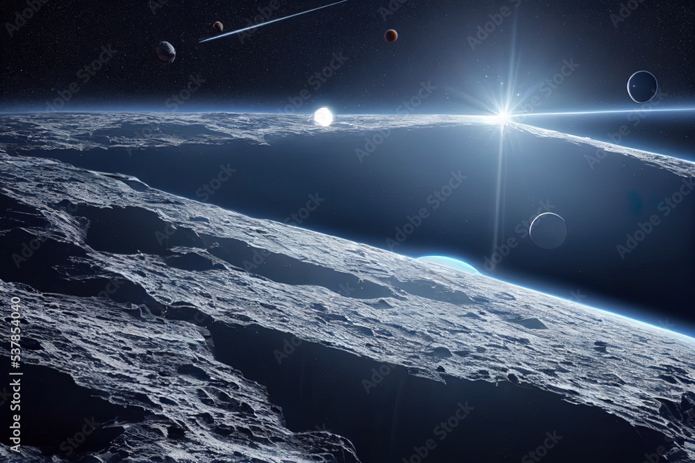 Poster astronauts with spaceship exploring an asteroid in space