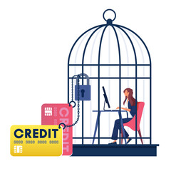 Businesswoman workers in the bird cage, work hard for credit cards, credit card slaves, Business financial crisis concept