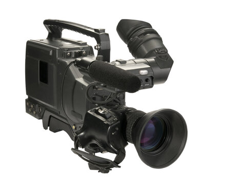 Professional digital video camera, isolated on white background