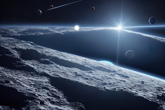Astronauts with spaceship exploring an asteroid in space