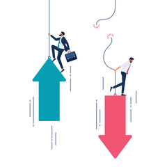 Rise and fall in business, Business person and arrows representing rise and fall, financial investment crisis volatility concept
