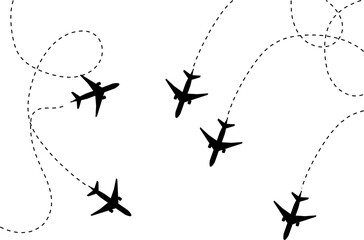 Airplane line path icon of air plane flight route dash line trace with start point  - obrazy, fototapety, plakaty