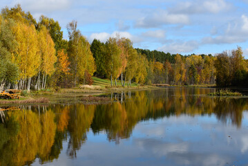 beautiful reflection of trees in the river on a windless sunny day in autumn