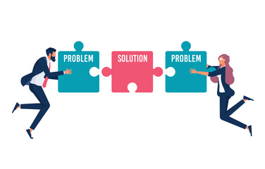 Find solution as fitting together jigsaw puzzle pieces, Collaboration, teamwork and work support for problem solving, The concept of solving problems