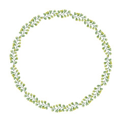 Round frame made of green leaves. Watercolor illustration.