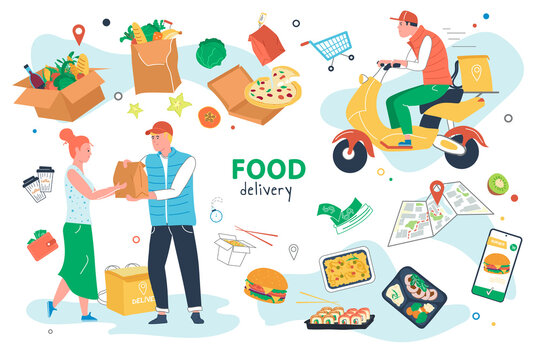 Food delivery set isolated elements. Courier gives order to customer at home. Delivery service symbols bundle - transport, packages, tracking, mobile app. Illustration in flat cartoon design