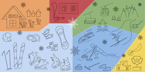 Set of winter sports doodle illustrations about winter holidays and sports games