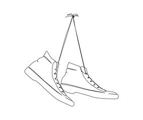 Continuous one line drawing of shoes hanging on the wall. Fashionable and casual sneakers line art drawing vector design.