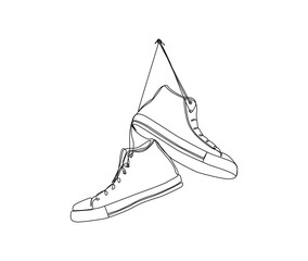 Continuous one line drawing of shoes hanging on the wall. Fashionable and casual sneakers line art drawing vector design.
