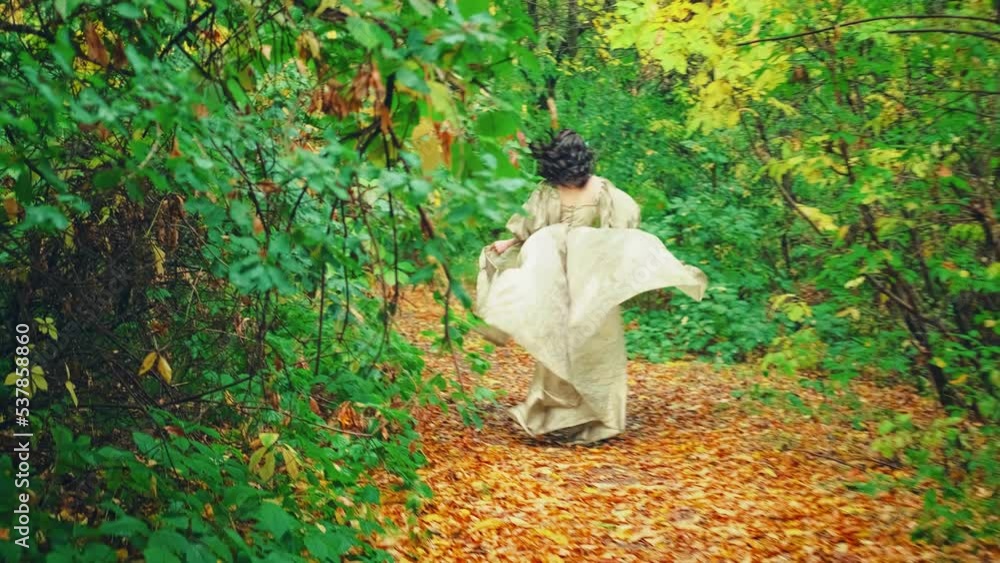 Wall mural Princess girl runs in autumn park, steps on fallen yellow orange leaves of tree forest path, Vintage golden dress fabric train fly in motion. Escape of fantasy woman queen. Back view. Autumn nature