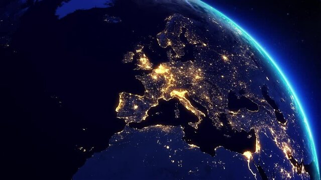 Map of North American and European Countries and Cities with Lights at Night. 3d Animation. Rotating Realistic Earth.