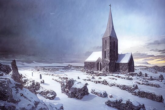 Scenic Epic Church in Winter with Snow. 2D Illustration