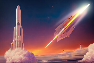 Fototapeta premium Modern strategic rocket forces concept on sunset background, Russia supersonic missile attack military industrial 3D illustration, nuke with flag