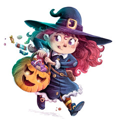 Illustration of little witch girl with candy on a Halloween pumpkin