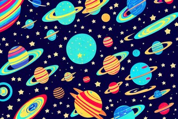 Cosmic fabric for kids. Bright childish tile. Space exploration concept. Cute design for kids fabric and wrapping paper. Hand drawn funny cosmic fabric.