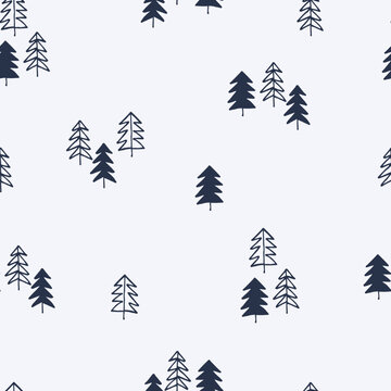 Seamless repeating pattern with snowy fir trees. Christmas, New Year, winter concept. Backound for for gift wrap, surface sign and other design projects