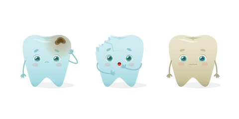 Dental problem set. Cute tooth mascot. Dental diseases cartoon collection.