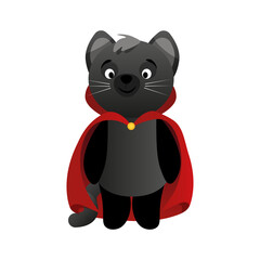 Black cute cat in a red cape like Dracula in honor of Halloween