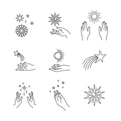 Aesthetic hands and cosmic and celestial elements. Universal cosmos related icons. Linear vector illustrations. Magic and Witchcraft symbology.