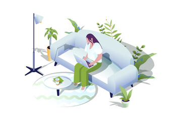 Freelance work web concept in 3d isometric design. People working on laptops online. Woman works as freelancer at living room of her home and doing tasks remotely online. Web illustration.