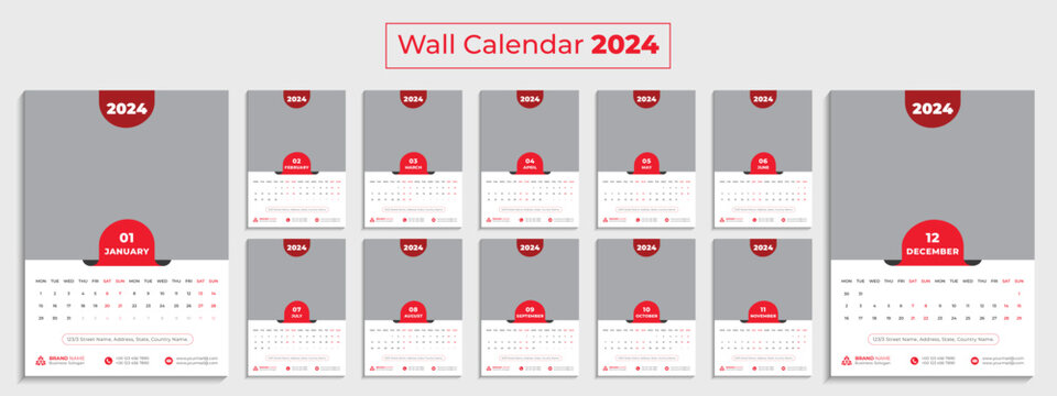 Calendar 2024, corporate stationery design, 12 page wall calendar template