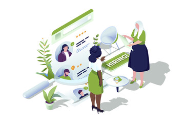 HR process web concept in 3d isometric design. People choose resume of best candidate and searching applicants at interview for open vacancies online. Human resources. Web illustration.
