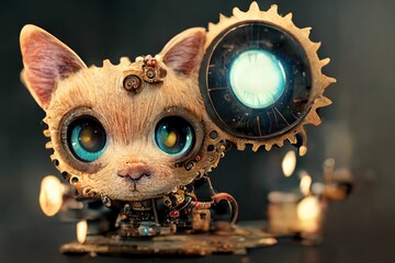 Closeup of steampunk robot cat figurine against blurred background - obrazy, fototapety, plakaty