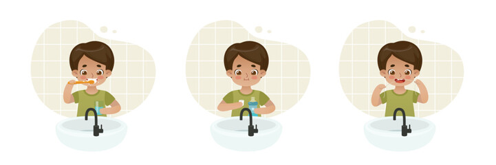 Dental hygiene collection with cartoon kid. Cute boy brush his teeth in front of the sink. Everyday dental care set.