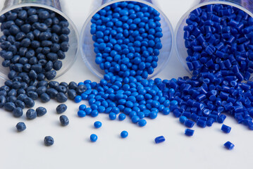 different blue colored plastic resins in laboratory